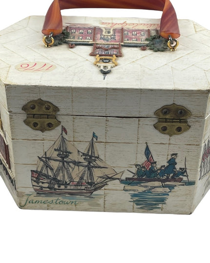 Vintage box purse US independance theme Philadelphia Bakelight ? handle Vg