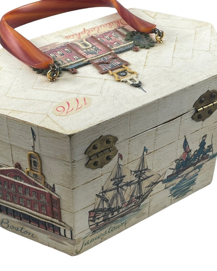 Vintage box purse US independance theme Philadelphia Bakelight ? handle Vg