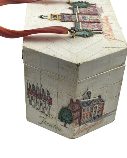 Vintage box purse US independance theme Philadelphia Bakelight ? handle Vg