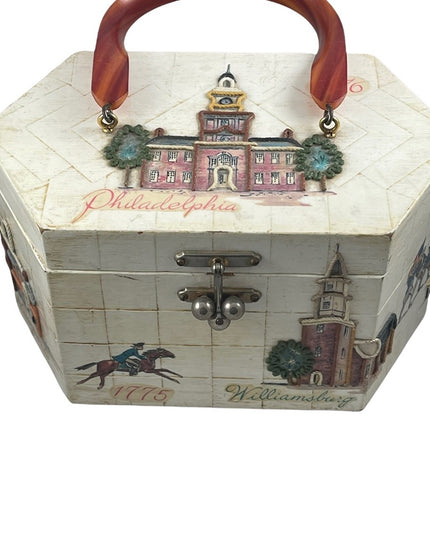 Vintage box purse US independance theme Philadelphia Bakelight ? handle Vg