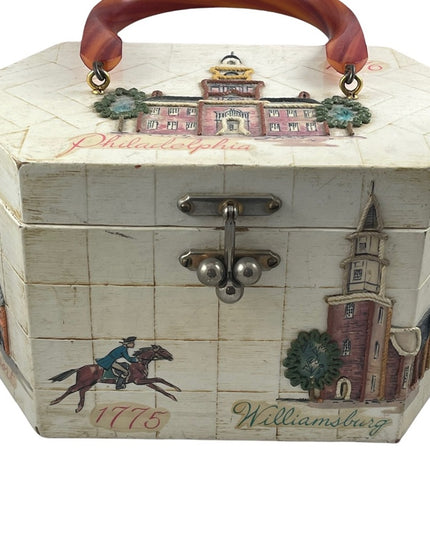 Vintage box purse US independance theme Philadelphia Bakelight ? handle Vg