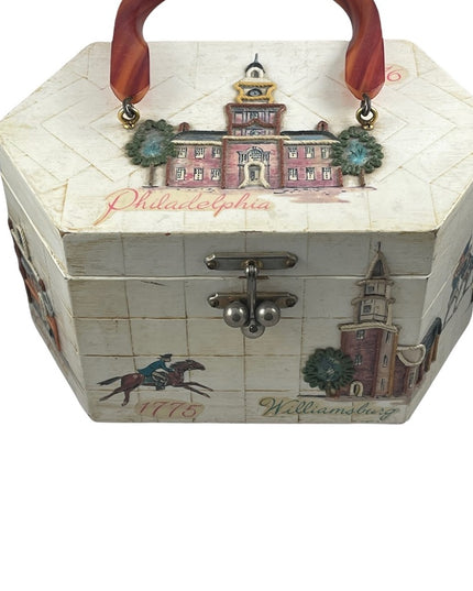 Vintage box purse US independance theme Philadelphia Bakelight ? handle Vg