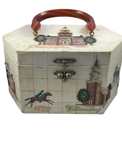 Vintage box purse US independance theme Philadelphia Bakelight ? handle Vg