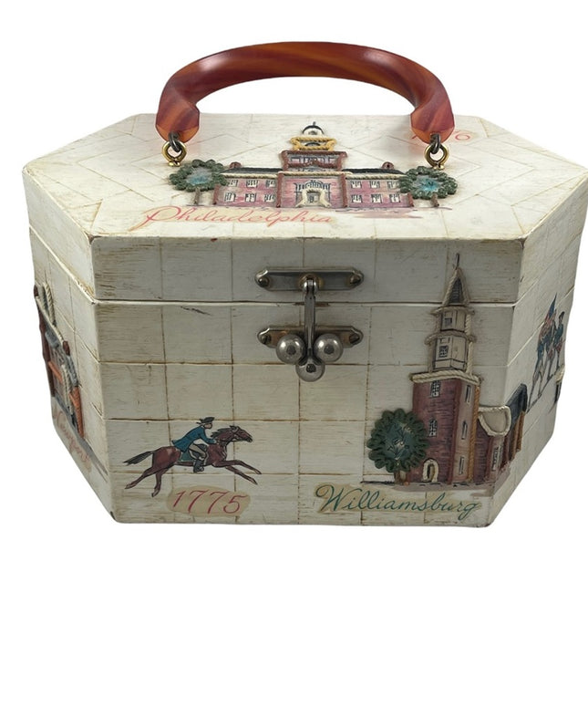 Vintage box purse US independance theme Philadelphia Bakelight ? handle Vg