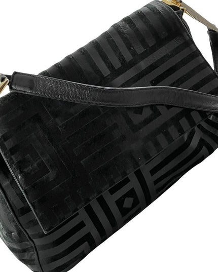 Vintage High Fashion Black leather suede gold trim geometric print shoulder bag