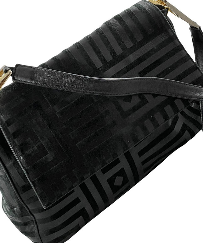Vintage High Fashion Black leather suede gold trim geometric print shoulder bag