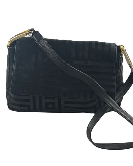 Vintage High Fashion Black leather suede gold trim geometric print shoulder bag