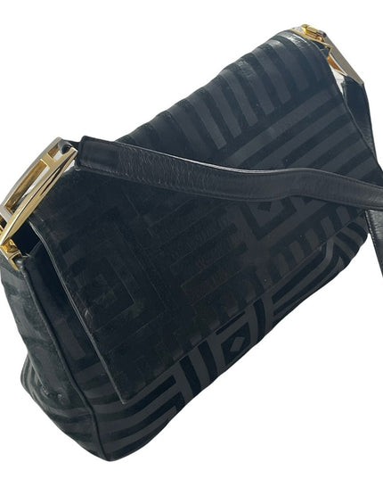 Vintage High Fashion Black leather suede gold trim geometric print shoulder bag