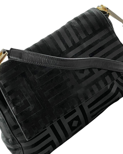 Vintage High Fashion Black leather suede gold trim geometric print shoulder bag