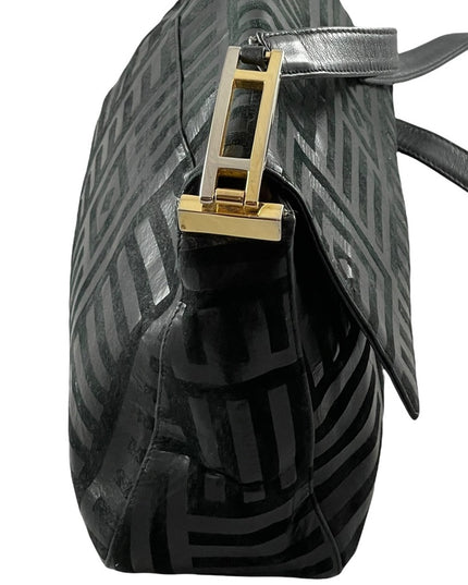 Vintage High Fashion Black leather suede gold trim geometric print shoulder bag