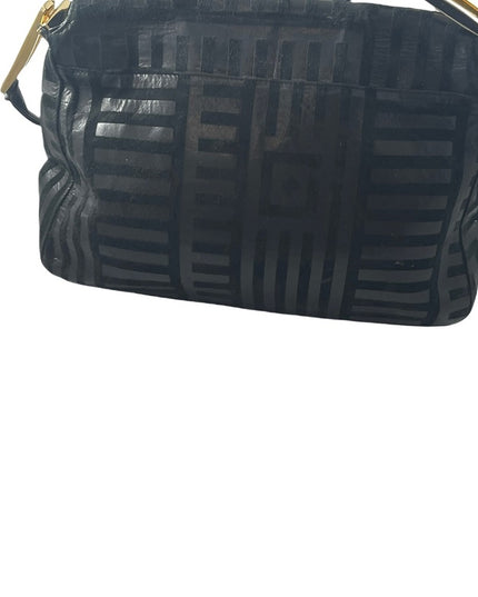 Vintage High Fashion Black leather suede gold trim geometric print shoulder bag