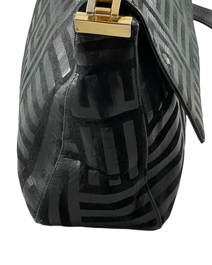 Vintage High Fashion Black leather suede gold trim geometric print shoulder bag