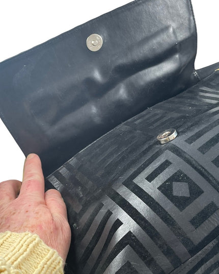 Vintage High Fashion Black leather suede gold trim geometric print shoulder bag