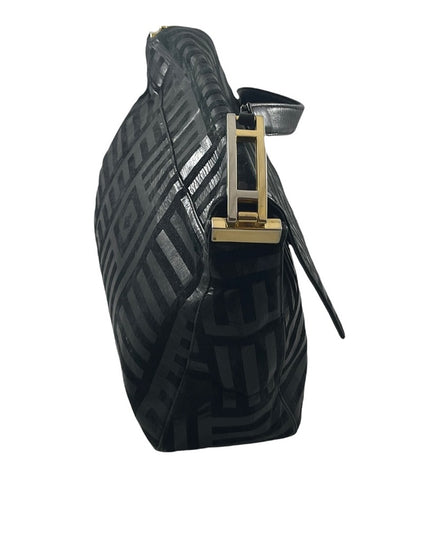 Vintage High Fashion Black leather suede gold trim geometric print shoulder bag