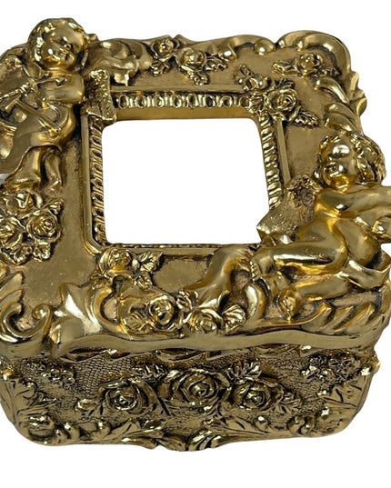 Gold Gilt Angel cherub trinket box photo wallet sz flowers VTG