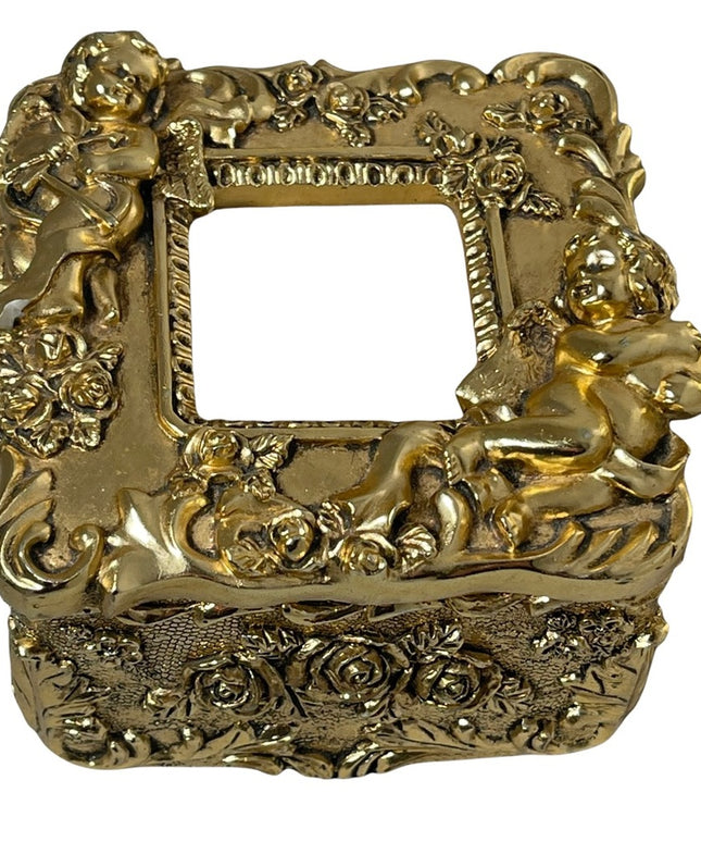 Gold Gilt Angel cherub trinket box photo wallet sz flowers VTG