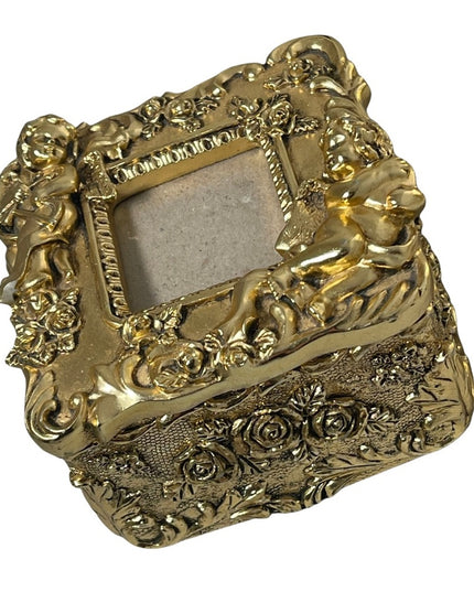 Gold Gilt Angel cherub trinket box photo wallet sz flowers VTG