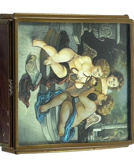 Vintage Mexico Brass glass foil angel cherub trinket box