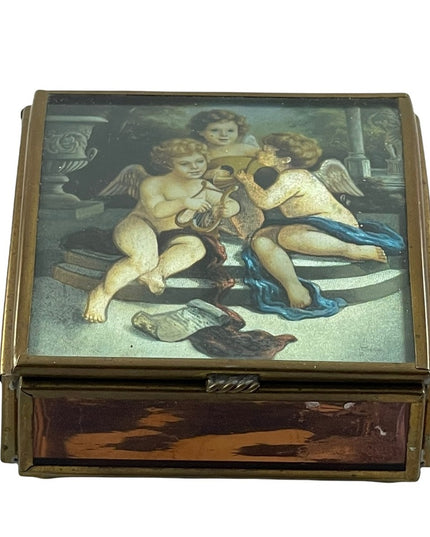 Vintage Mexico Brass glass foil angel cherub trinket box