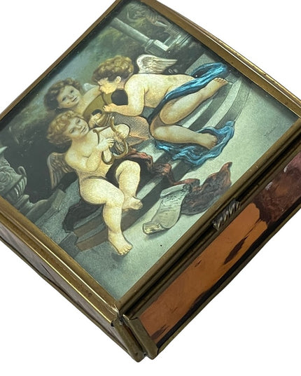 Vintage Mexico Brass glass foil angel cherub trinket box
