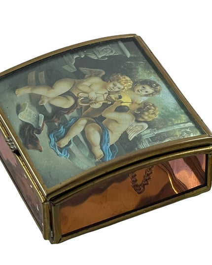 Vintage Mexico Brass glass foil angel cherub trinket box