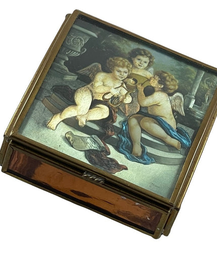 Vintage Mexico Brass glass foil angel cherub trinket box