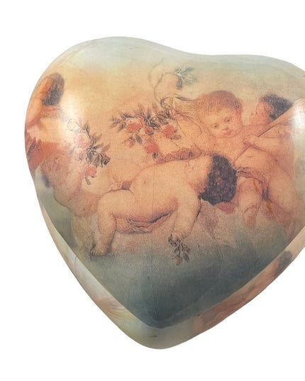 Vintage ceramic painted Cherub Angel heart trinket box gold gilt accent