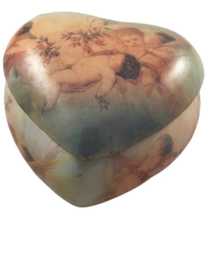 Vintage ceramic painted Cherub Angel heart trinket box gold gilt accent