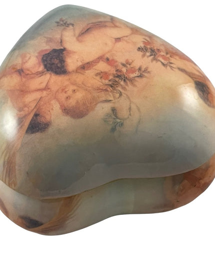 Vintage ceramic painted Cherub Angel heart trinket box gold gilt accent