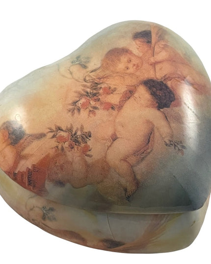 Vintage ceramic painted Cherub Angel heart trinket box gold gilt accent