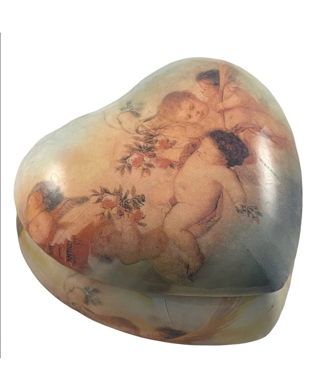 Vintage ceramic painted Cherub Angel heart trinket box gold gilt accent