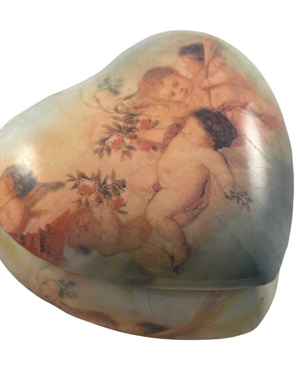 Vintage ceramic painted Cherub Angel heart trinket box gold gilt accent