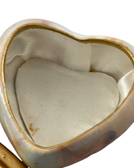 Vintage ceramic painted Cherub Angel heart trinket box gold gilt accent