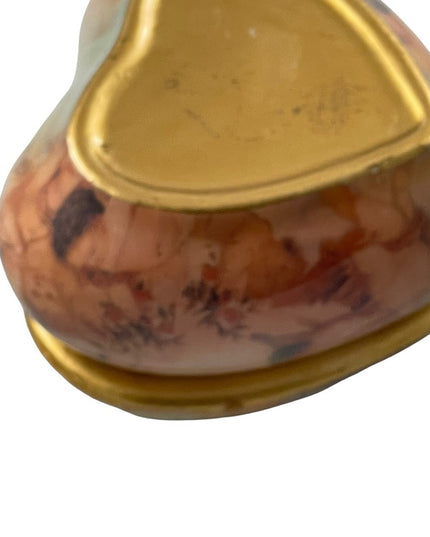 Vintage ceramic painted Cherub Angel heart trinket box gold gilt accent