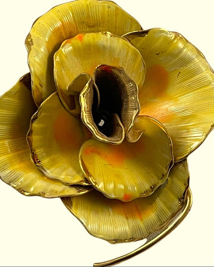 Vintage yellow gold enamel rose metal flower brooch