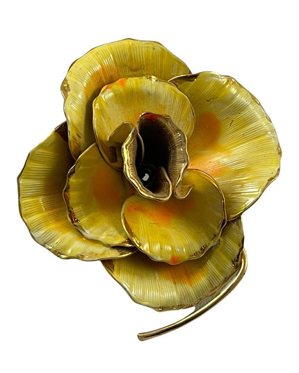 Vintage yellow gold enamel rose metal flower brooch
