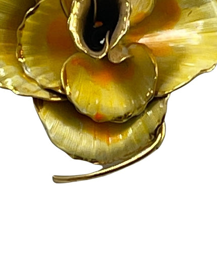 Vintage yellow gold enamel rose metal flower brooch