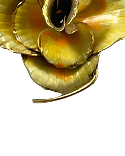 Vintage yellow gold enamel rose metal flower brooch