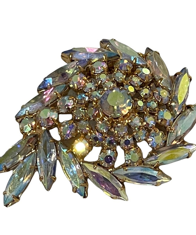 Vintage “Sherman unmarked” AB crystal large brooch pink hues