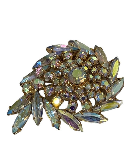 Vintage “Sherman unmarked” AB crystal large brooch pink hues