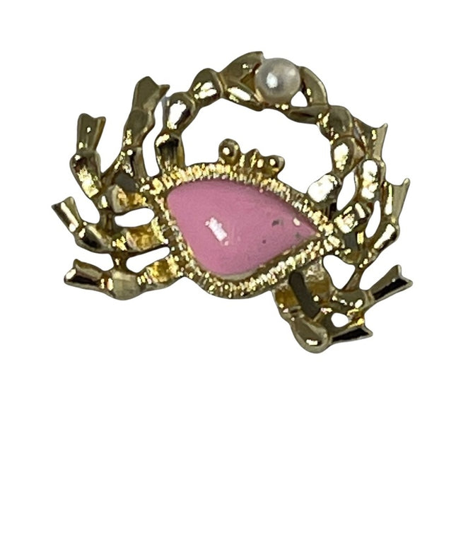 Vintage gold finish faux pearl pink enamel crab scorpio brooch