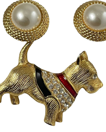 VTG set Napier Faux pearl gold finish earrings enameled Scottie dog rhinestones