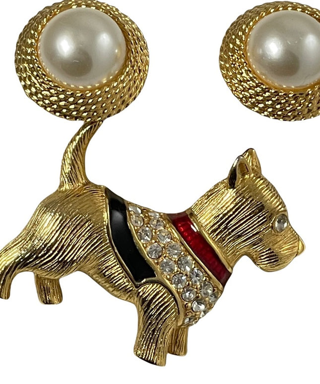 VTG set Napier Faux pearl gold finish earrings enameled Scottie dog rhinestones