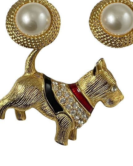 VTG set Napier Faux pearl gold finish earrings enameled Scottie dog rhinestones