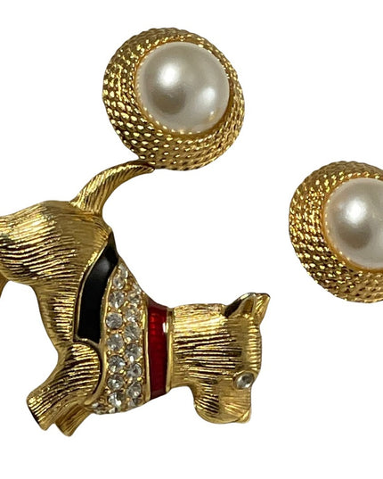 VTG set Napier Faux pearl gold finish earrings enameled Scottie dog rhinestones