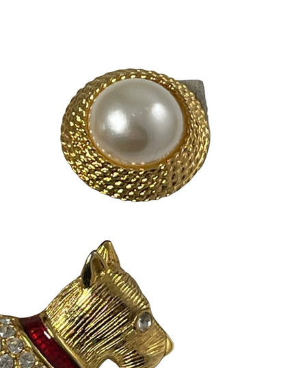 VTG set Napier Faux pearl gold finish earrings enameled Scottie dog rhinestones