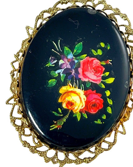Vintage Black glass painted fancy flowers cameo brooch
