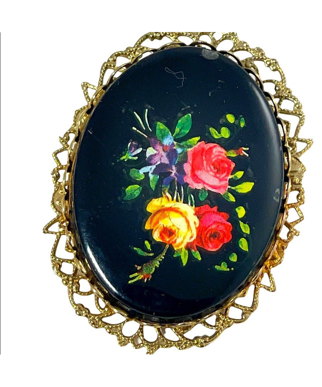 Vintage Black glass painted fancy flowers cameo brooch