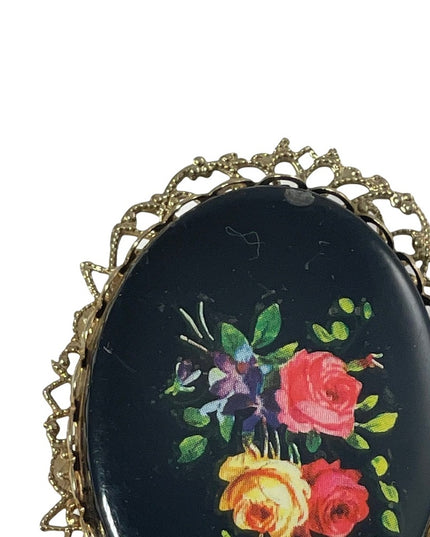 Vintage Black glass painted fancy flowers cameo brooch