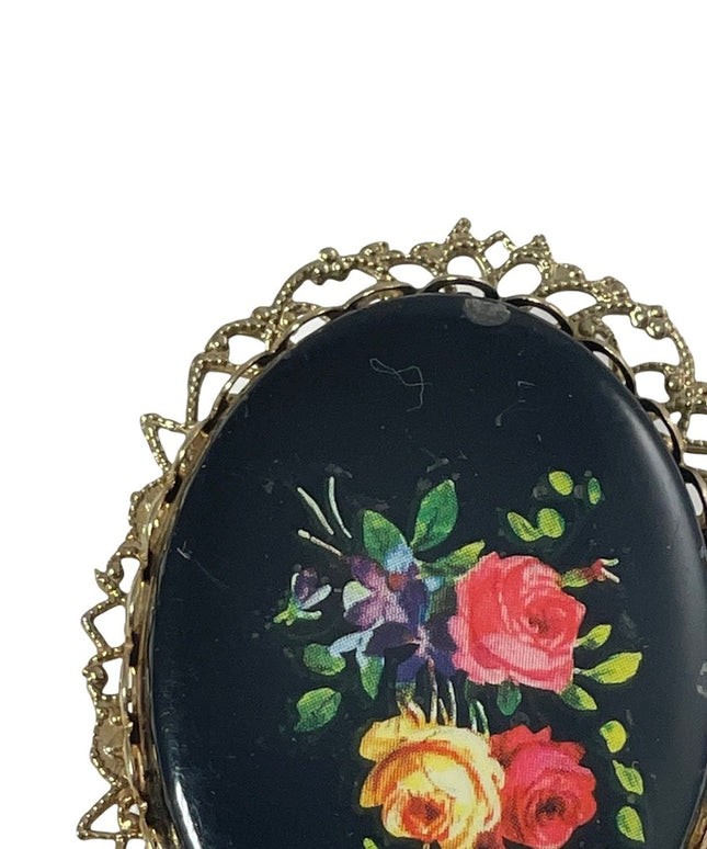 Vintage Black glass painted fancy flowers cameo brooch